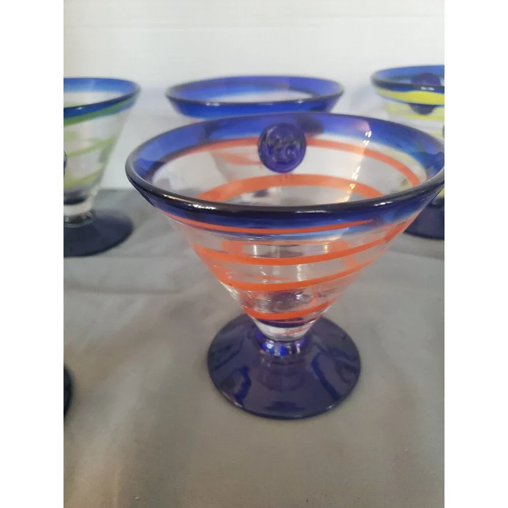 7 Vtg Royal Caribbean Cobalt Blue Swirl Blown Glass Dessert-Margarita Cruise